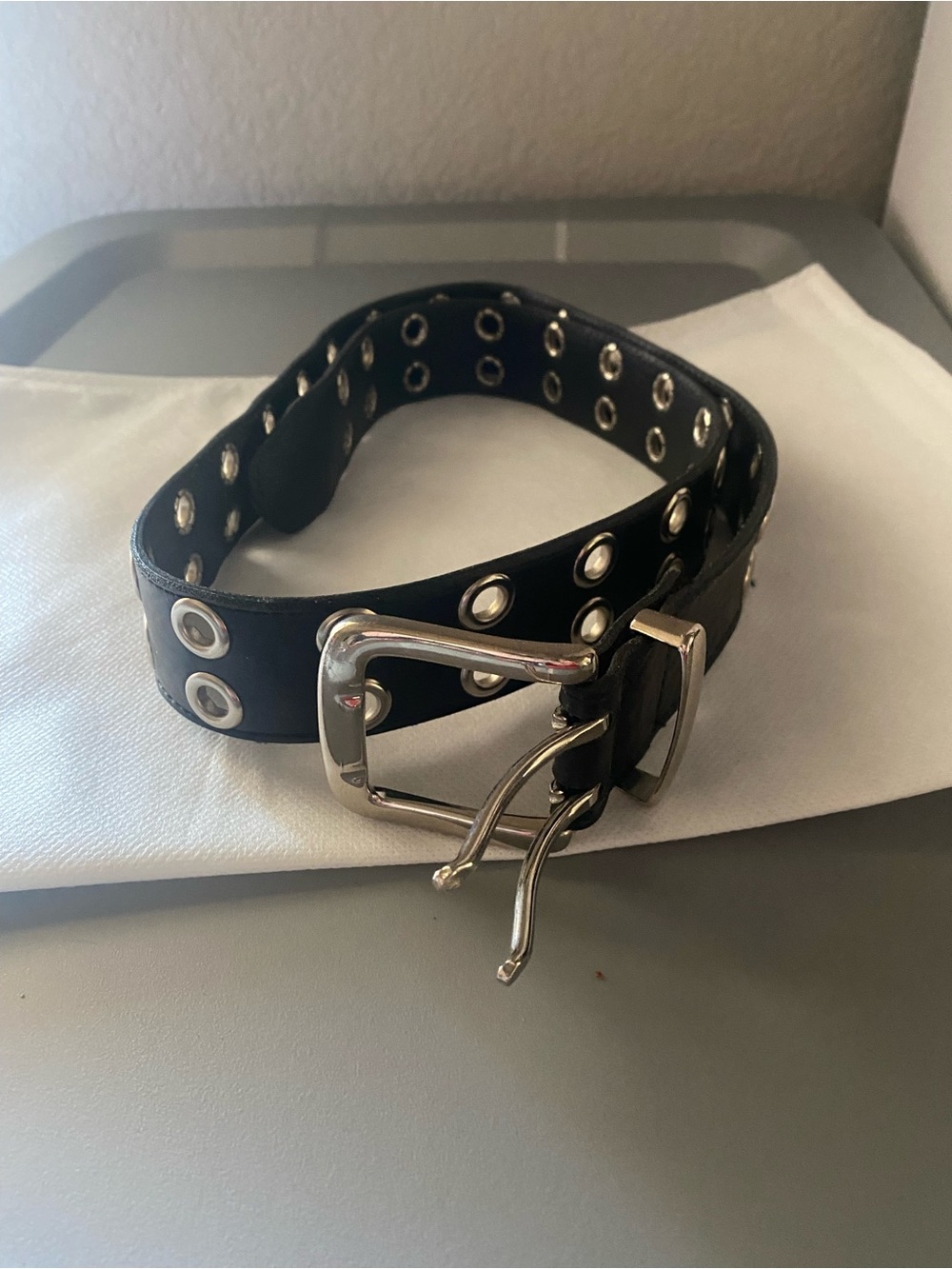 Black Belt Manmade Plus Genuine Leather Silver Grommets Large L Lg Made USA